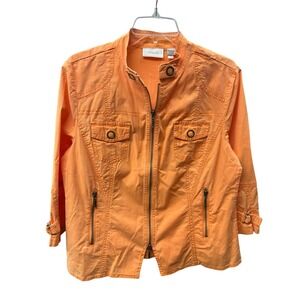 Chicos Jacket Women's 1 Tangerine Zip Front Summer Lightweight 3/4 Sleeve Buckle